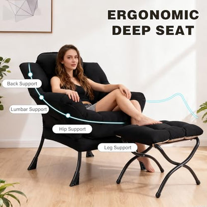 Modern Lazy Chair with Ottoman Lounge Accent Reading Chair for Living Room | Foldable Footstool,Removable Cover,Soft Padded Seat & Backrest,Upholstered Comfy Chair for Bedroom,Dorm,Office,Small Space - color: Black
