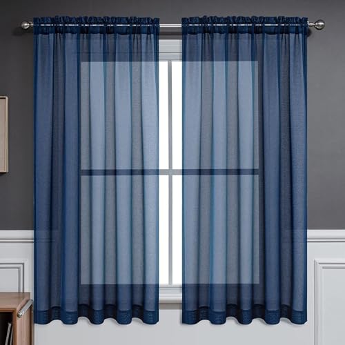 CUCRAF Sheer Curtains Panels for Living Room Bedroom Semi Window Treatment Drapes Voile Rod Pocket,Set of 2 (54 x 72 inches Long,Navy Blue) - color: Navy Blue, size: 54"W x 72"L (Pack of 2)