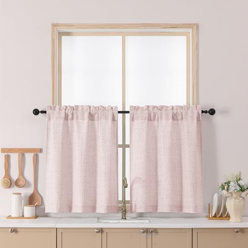 Chyhomenyc Blush Pink Cafe Curtains 30 Inch Length, Light Filtering Textured Small Curtain Over Sink, Half Window Short Curtains for Cabinet Bathroom Basement RV Camper, 30Wx30L Inch, 2PCS - color: Blush Pink, size: 30"W x 30"L (Pack of 2)