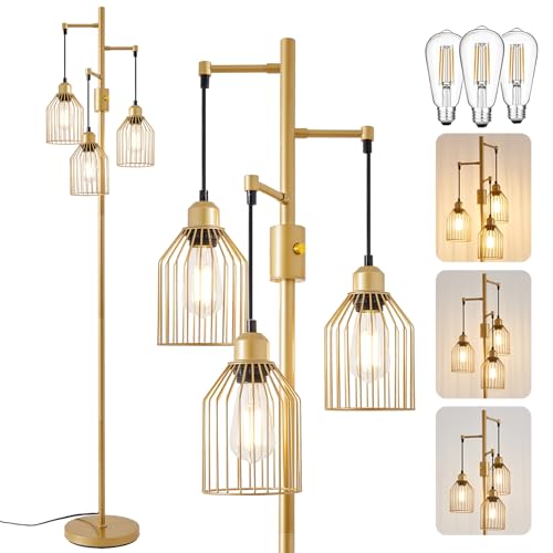 Dimmable Industrial Floor Lamp with 3 Cage Heads, 68.5" Gold Tree Standing Lamp with Stepless Dimming, Modern Farmhouse Tall Pole Light for Living Room, Bedroom, Office, E26 Base (Bulbs Included) - color: Gold