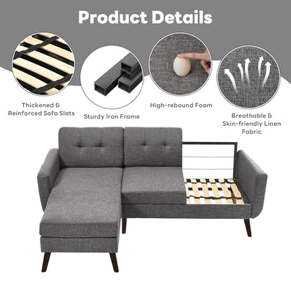 Tbfit L Shaped Couch Sofa, 80" W Mid-Century Modern Sectional Couches, 3 Seater Sofas with Wide Chaise Lounge, Button Tufted Upholstered Sectional Sofa for Living Room, Bedroom, Gray - color: Grey, size: 80" L-shape