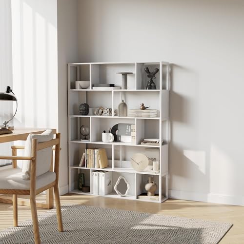 Garvee 5-Tier Bookshelf, Tall Geometric Bookcase, Modern Room Divider & Display Shelf with Anti-Tipping Devices, Mid Century Bookshelf for Living Room, Home Office | Display Shelf with Anti-Tipping Devices, Mid Century Bookshelf for Living Room, Home Offi