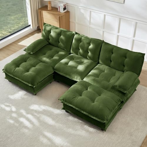 Modular Sectional U-Shaped Sofas,Roomy 3 Seater Sofa Couch with Ottomans,107.8" Chenille U Shape Cloud Couches,Modern Tufted Corner Sofa Set for Living Room - color: Green, size: 3+2