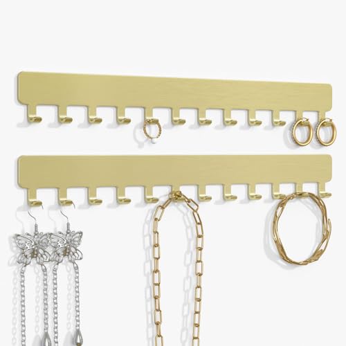 Self-Adhesive Necklace Holder, Wall Mounted Jewelry Organizer for Necklaces, Earrings, Rings & Bracelets, No Drilling, Space-Saving, 2 Pack, Gold - color: Gold plated, size: 9.84 inch