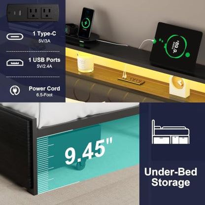 Full Bed Frame with 2 Drawers, Platform Bed Frame with LED Lights and Charging Station, Upholstered Headboard, Heavy Duty Metal Slats, No Box Spring Needed, Noise Free, Easy Assembly - size: Full, style: Fashion
