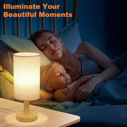Small Touch Table Lamps Set of 2 with Stepless Dimming&USB Plug, Natural Round Wood Base & Linen Fabric Shade |Soft Ambient Night Light |Minimalist Boho Bedside Lamp for Bedroom,Nursery,Kitchen,Dorm - size: Round - USB Plug Touch - Set of 2