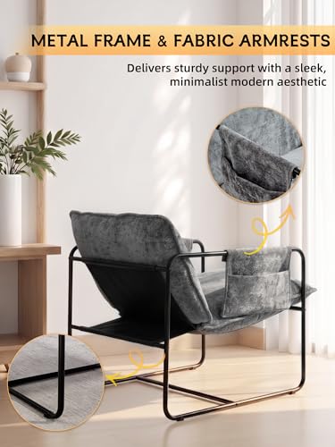 Modern Accent Chair Comfortable Living Room Chairs with Armrests, Lounge Chair with Metal Frame Chenille Upholstered Bedroom Reading Chair - color: Grey