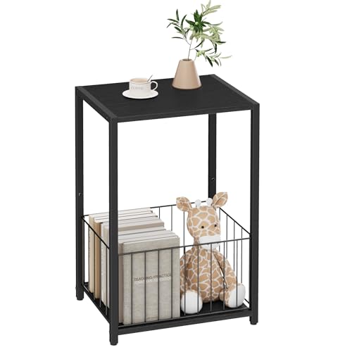 Homleke Side Table with Magazine Holder, Record Player Stand with LP Shelf | LP Storage, Magazine Holder, Easy Assembly, Living Room, Bedroom, Bedside, 11" D x 16.9" W x 23.6" H, Black - color: Black - Large