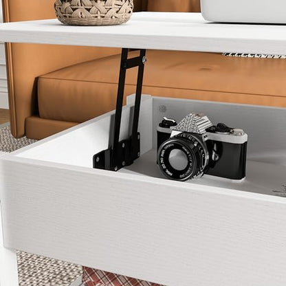 Panana Coffee Table, Lift Top Coffee Table with Hidden Compartment, 2 Drawers and 1 Open Shelf, Retro Central Wooden Table Lift Tabletop for Living Room (White) - color: White