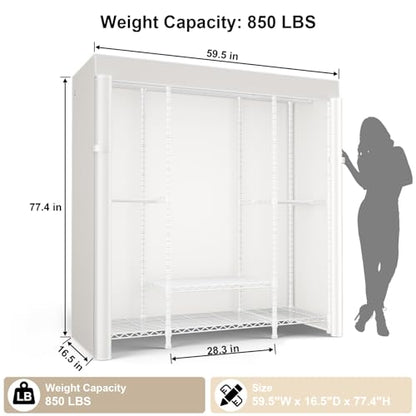 E3C White Clothes Rack with Beige Cover, Heavy Duty Garment Rack | Freestanding Metal Closet System Storage Organizer for Clothing, Clothing Rack Holds up to 850 lbs, 59.5"W x 16.5"D x 77.4"H - color: White Rack with Beige Cover