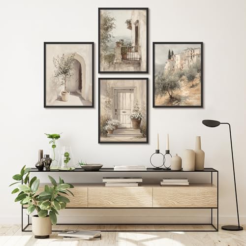 SIGNWIN Framed Poster Set Soft Mediterranean Courtyard Landscape Illustrations Modern Art Decorative Minimalist Multicolor for Bedroom - 11"x14"x4 BLACK - color: AD03-2601-YUK03, size: 11"L x 14"W, style: Black Frame