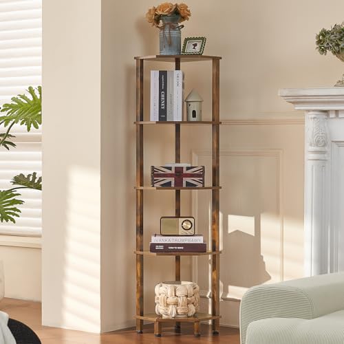 YUFAM 5-Tier Corner Shelf, Brown | Wooden Corner Bookshelf for Small Spaces, Corner Standing Shelf with Sturdy 5-Leg Base - color: Brown, size: 5 Tier