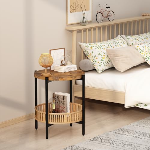AWQM 3 Pieces Coffee Table Set for Living Room, 2 Tier Round Rattan Coffee End Side Table, Boho Living Room Table Set with Metal Frame for Bedroom Office - size: Set of 3
