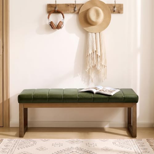 52.7" Bedroom Bench for End of Bed, Faux Leather Entryway Bench (Green-PU) | Modern Upholstered Dining Bench & Footrest Stool Bench with Solid Wood Frame for Bedroom, Living Room - color: Green-pu