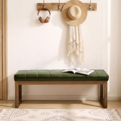 52.7" Bedroom Bench for End of Bed, Faux Leather Entryway Bench (Green-PU) | Modern Upholstered Dining Bench & Footrest Stool Bench with Solid Wood Frame for Bedroom, Living Room - color: Green-pu