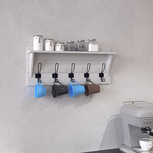 HBCY Creations 24" Wall Mounted Storage Rack - Pine Wood Construction - Solid White Finish - Upper Storage Shelf - 5 Hooks - Ideal for Entryway, Kitchen, Bathroom - color: Solid White