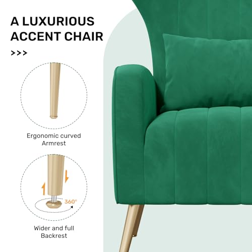 Nebuaegis Green Velvet Accent Chair Set of 4, Wingback Chair for Living Room, High Back Arm Chair with Golden Legs Lumbar Pillow, Upholstered Single Sofa Bedroom - color: Green, size: Set of 4