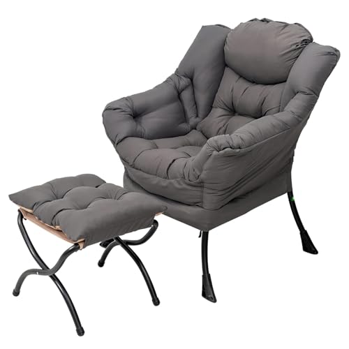 Welnow Lazy Chair with Ottoman, Reading Chair with Footrest,Dark Grey | A Side Pocket,Armrests,Foldable Footrest,Thick Cushioned Seat & Backrest, Lounge Chair for Bedroom,Living Room & Small Space - color: Dark Grey