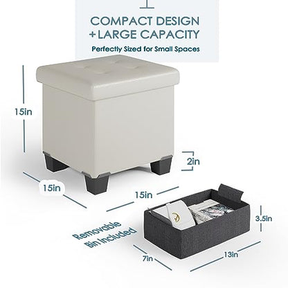 Storage Ottoman Cube with Storage Bin, 15-In Square Ottoman with Storage for Living Room and Bedroom, Small Ottoman Foot Rest, Foot Stools Ottoman, White Storage Chest Max 660lbs, Faux Leather Ottoman