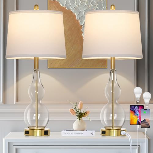 Rinweey 27.5" Clear Glass Table Lamp Set of 2,3-Way Dimmable Touch Control Bedside Lamps with USB Ports and AC Outlet, Modern Nightstand Lamps Gold lamp for Bedroom Living Room - color: Clear