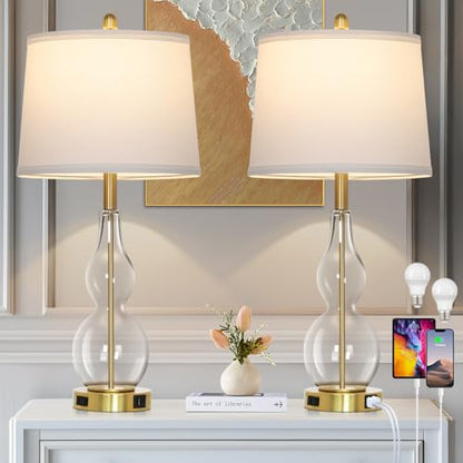 Rinweey 27.5" Clear Glass Table Lamp Set of 2,3-Way Dimmable Touch Control Bedside Lamps with USB Ports and AC Outlet, Modern Nightstand Lamps Gold lamp for Bedroom Living Room - color: Clear