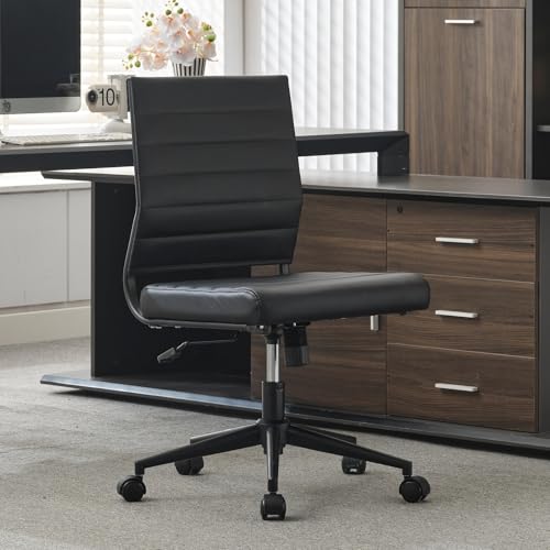 Okeysen Office Desk Chair No Arms, Mid Back Ergonomic Swivel Black Armless Conference Room Chairs, Adjustable Height PU Leather Home Desk Chair, Modern Small Rolling Computer Task Chair - color: Black With Black Frame