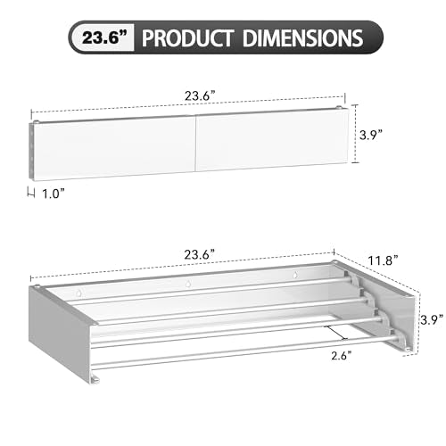 Laundry Drying Rack Wall Mounted Clothes Drying Rack White,23.6" | Collapsible Drying Rack With 4 Aluminum Rods and Drilling Template Long Screwdriver Bit 60 lbs Capacity - color: White, size: 23.6"