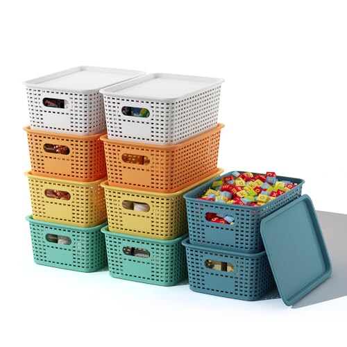 ORGIDOL Plastic Storage Basket with Lids 10 Pack Stackable Colorful Storage Bins Containers with Lid, Decorative Storage Boxes for Organizing Shelves, Drawers, Playroom, Classroom, Office, Closet - color: Colorful, size: 10 Pack