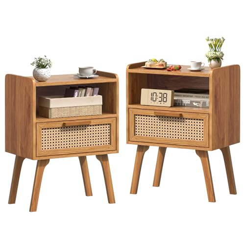 Lerliuo Rattan Nightstands Set of 2, Side Table with Drawer | Bedside End Table with Solid Wood Legs, Mid Century Modern Night Stand for Bedroom, Dorm and Small Spaces (Tea Brown) - color: Tea Brown, size: 2 pack