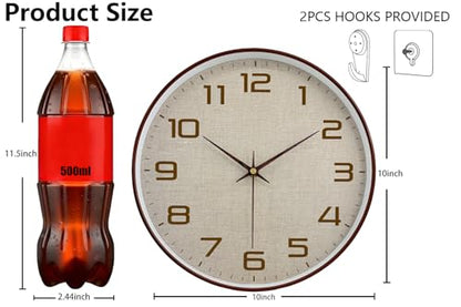 Woodgrain Wall Clock, Silent Non-Ticking Battery Operated Clock 10 Inch, Large Easy-to-Read Number Linen Texture Face Modern Analog Clocks for Living Room Bedroom Kitchen Office Gym, Brown - color: Mocha Brown White, size: 10 Inch