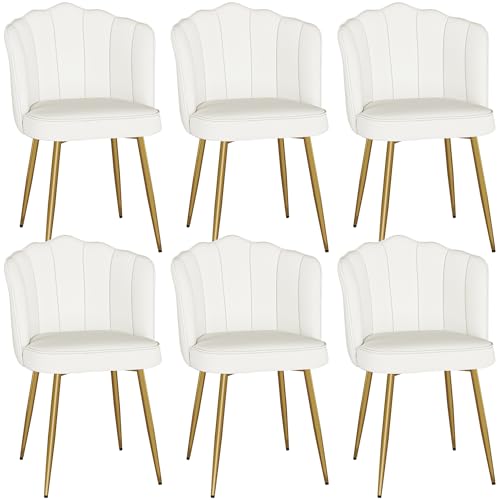 VECELO Velvet Dining Chairs Set of 6, Modern Upholstered Kitchen Chairs with Thick Cushions, Curved Padded Backrest and Metal Legs, for Kitchen, Dining Room, Living Room, White - color: White, size: Set of 6