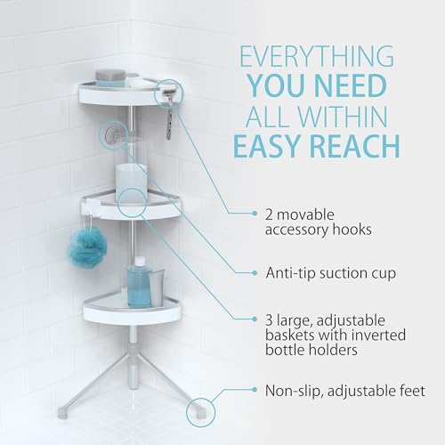 Better Living HiRise 3 Standing Corner Shower Caddy, White | Adjustable 3 Large Baskets, Aluminum Rustproof Bathroom Shower Organizer with Storage Hooks, No Drill, Shower Organizer