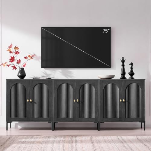 IFBUY 92.63" W Mid Century Modern TV Stands for Living Room, Dark Grey | Wood Entertainment Center w/Adjustable Shelves, Media Console w/Arched Fluted Doors, Entryway Cabinet Fits 75, 80, 85 Inch TV - color: Grey, size: 15.75"D x 92.63"W x 34"H