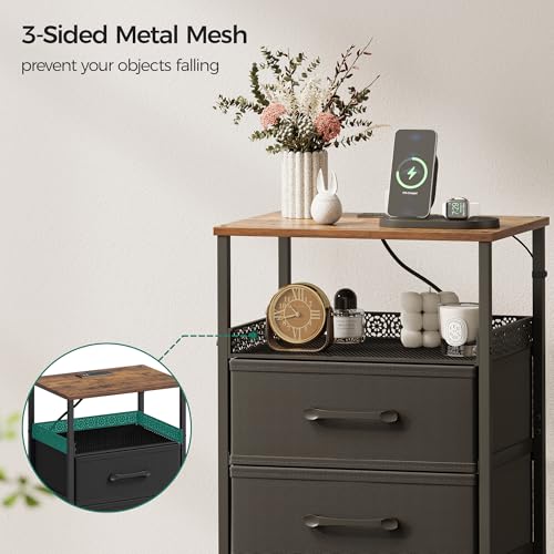 JARHETUN Night Stand Set 2 with Charging Station, 3 Drawer Nightstands with LED Lights, End Table with Outlets and USB Ports, Side Table with Open Shelf, Bedside Tables for Bedroom, Rustic Brown - color: Rustic Brown, style: Power & LED