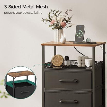 JARHETUN Night Stand Set 2 with Charging Station, 3 Drawer Nightstands with LED Lights, End Table with Outlets and USB Ports, Side Table with Open Shelf, Bedside Tables for Bedroom, Rustic Brown - color: Rustic Brown, style: Power & LED