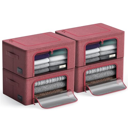 Sorbus Storage Bins with Metal Frame - Stackable & Foldable Clothes Organizer Bags - Oxford Fabric Storage Containers with Large Clear Window & Carry Handles, Bedroom Organization for Bedding & Linen - color: Pink, size: 4 Pack