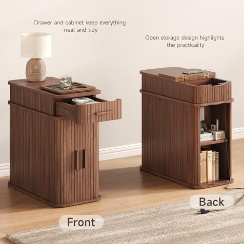 Side End Table with Charging Station, Slim Nightstand with Drawer, Mid-Century Wood Skinny Bedside Table with Storage, Narrow Side Tables for Small Space Living Room Bedroom Office Sofa Couch Walnut - color: Walnut