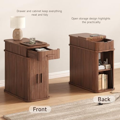 Side End Table with Charging Station, Slim Nightstand with Drawer, Mid-Century Wood Skinny Bedside Table with Storage, Narrow Side Tables for Small Space Living Room Bedroom Office Sofa Couch Walnut - color: Walnut