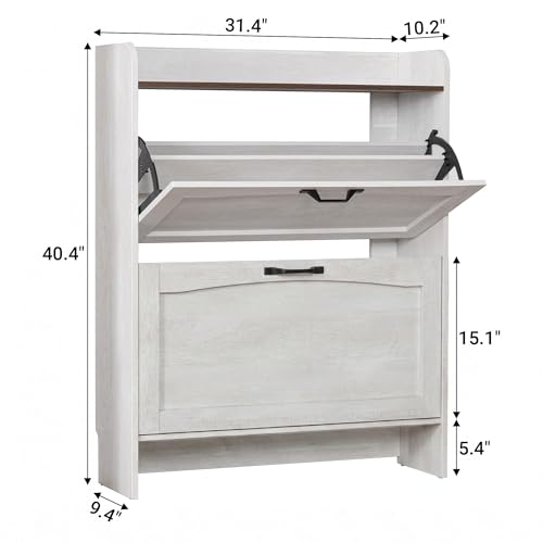 31.4“W Slim Shoe Storage Cabinet with 2 Flip Drawers and Adjustable Shelves | Narrow Shoe Cabinet Storage for Entryway, Farmhouse Hidden Shoe Storage for Hallway, Warm Gray-white
