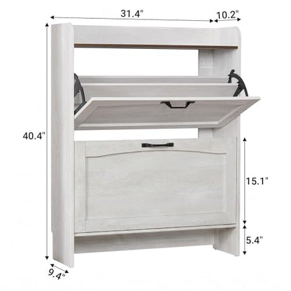 31.4“W Slim Shoe Storage Cabinet with 2 Flip Drawers and Adjustable Shelves | Narrow Shoe Cabinet Storage for Entryway, Farmhouse Hidden Shoe Storage for Hallway, Warm Gray-white