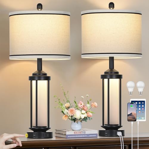 Rinweey Table Lamps Set of 2, Black Farmhouse Rustic Industrial Table Lamp with USB A+C Ports & AC Outlet, 26" Modern Bedside Lamps with LED Night Light & Linen Fabric Lampshade, Lamps for Bedroom - color: Black-5