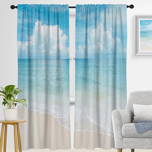 zokyer Extra Long Wide Curtains, Coastal, 52" W x 84" L, Rod Pocket | 2 Panels, Hawaiian Tropical Nautical Beach Theme, S-ummer Blue Sea Sky Ocean Landscape, Sand Large Window Drapes Decor - size: 52"W x 84"L (Pack of 2)