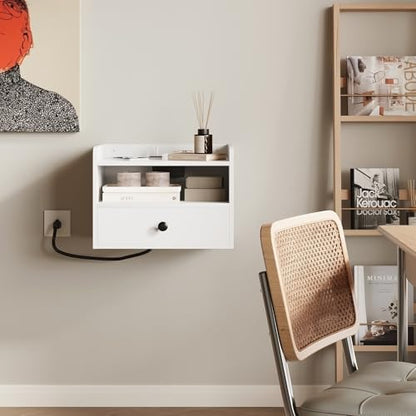 Floating Nightstand Set of 2 Modern Night Stands with Drawer and Open Shelf | Cubby Small Bedside End Table with Charging Station Wall Mounted Nightstands Set 2 for Bedroom White - color: White