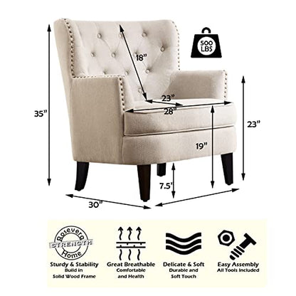 Rosevara Atlas Mid-Century Modern Accent Chair - Upholstered Tufted Armchair with Soft Cushion for Living Room, Bedroom & Small Spaces - color: Velvet Natural Beige