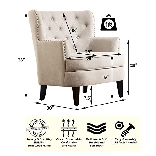 Rosevara Atlas Mid-Century Modern Accent Chair - Upholstered Tufted Armchair with Soft Cushion for Living Room, Bedroom & Small Spaces - color: Velvet Natural Beige