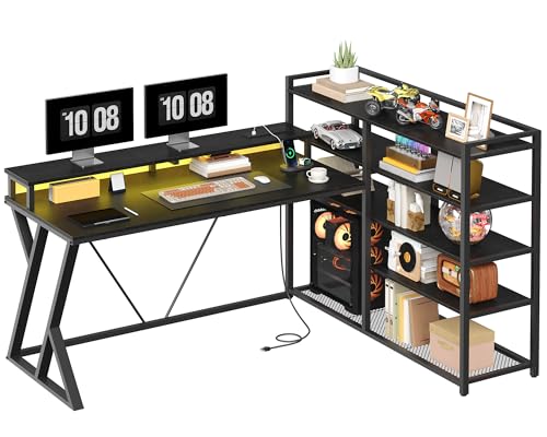 L Shaped Gaming Desk with Bookshelf, 52'' Reversible Computer Desk with LED Light & Power Outlet, Corner Desk with Storage Shelves and Monitor Stand for Home Office, Black