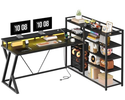 L Shaped Gaming Desk with Bookshelf, 52'' Reversible Computer Desk with LED Light & Power Outlet, Corner Desk with Storage Shelves and Monitor Stand for Home Office, Black