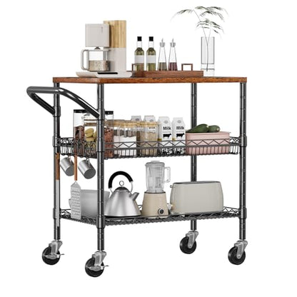 3 Tier Rolling Carts with Wheels, Heavy Duty Rolling Utility Cart with Wood Tabletop, Commercial Grade Metal Cart with Handle and Hooks, NSF Storage Serving Carts for Kitchen Island, Wood+Metal - color: Wood+metal-3 Tier