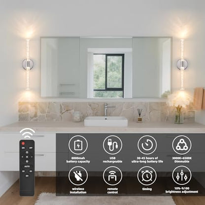 Silver Wall Light LED Battery Operated Wall Sconces(2 Pack), 20-Inch Dimmable Crystal Wall Sconce, Rechargeable Chrome Bubble Wall Lights, Wireless Wall Lamp for Bedroom, Living Room - color: Chrome