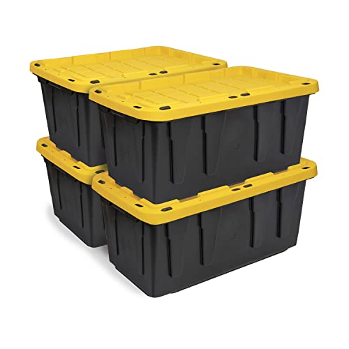 CX Heavy Duty 17-Gallon Stackable Plastic Storage Bins with Lids, 4 Pack | Storage totes for garage organization, Stackable containers, weather-resistant, snap lid, 12.5H x 18W x 26.9D, Black/Yellow - size: 17 Gallons